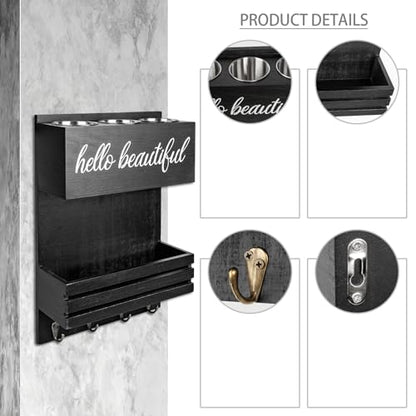 2Tier Black Wooden Hair Dryer Holder Wall-Mounted Organizer - color: black