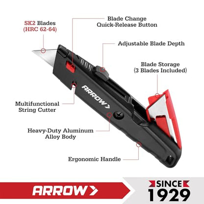 ARROW Retractable Box Cutter, Quick Change Utility Knife with 4 SK2 Blades - size: 7" x 1.25" x 0.75"