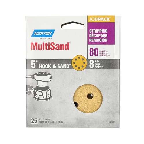 Norton 49223 Hook & Sand 80 Grit Coarse, Hook & Loop Random Orbital Discs, 5" x 8 Hole (A290), Aluminum Oxide (Pack of 25), Yellow