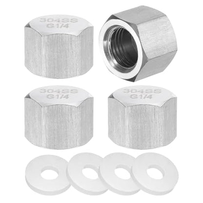 uxcell 4pcs Hex End Cap 304 Stainless Steel Nut with Washer, G1/4" Female Thread Pipe Fitting, Gas Line Water Line Stop Valve Cap Tubing Ends for Plumbing Fittings, Silver Tone - size: G1/4"