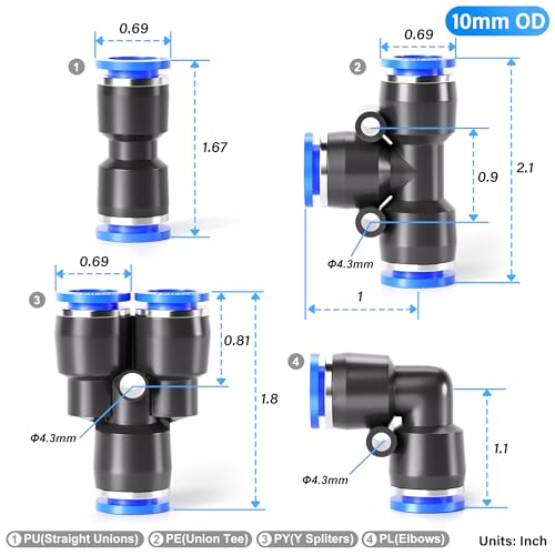 TAILONZ 10mm Push to Connect Fitting Splitters+Elbows+Tees+Straight 20Pcs - color: Blue, size: 10MM OD/20PCS