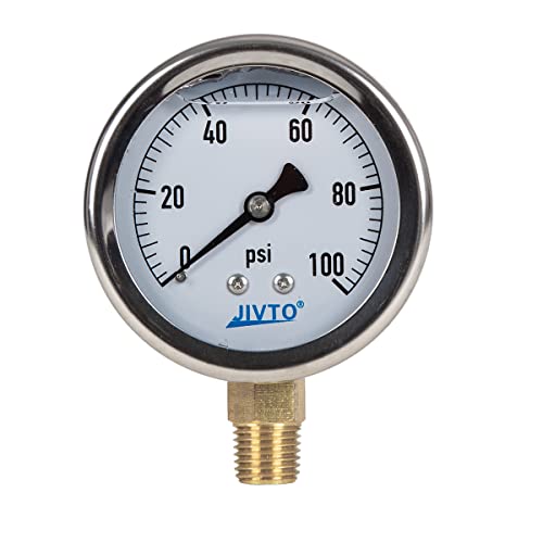 Pressure Gauge,Glycerin Liquid Filled,2.5" Dia,0-100 psi(Single Scale),1/4" NPT Brass Connection,Lower Mount, Stainless Steel Case,for Pneumatic,Pump,Hose,Well Tank,Gas Air Water Oil - size: 0-100 psi, style: lower mount(single scale )