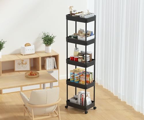 Sooyee 5-Tier Plastic Rolling Utility Cart with Wheels, Multi-Functional Storage Trolley for Office, Living Room, Kitchen, Movable Storage Organizer, Black - color: Black, size: Wide 5 Tier