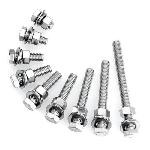 Mywish (6 Sets) 3/8-16x1-1/2 Hex Head Assorted Screws Nuts and Bolts with Flat & Lock Washers, 304 Stainless Steel 18-8, Fully Threaded, 3/8 Bolt Metric Bolt Assortment - size: 3/8-16 x 1-1/2 (6 set)