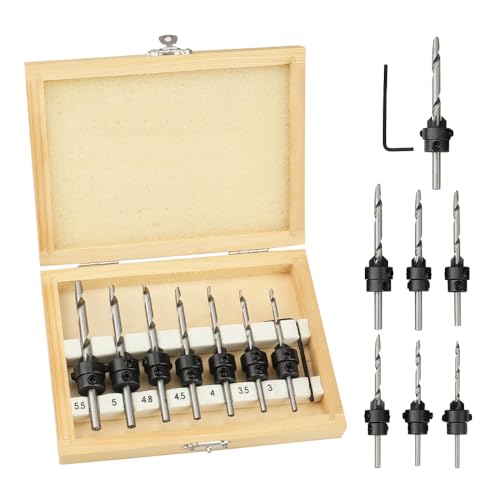 Hoteche 7-Piece Countersink Drill Bit Set, Carbon Steel with 7 Sizes (#5-#12), Hex Wrench, Wooden Box Packaging