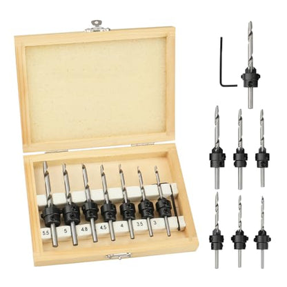 Hoteche 7-Piece Countersink Drill Bit Set, Carbon Steel with 7 Sizes (#5-#12), Hex Wrench, Wooden Box Packaging