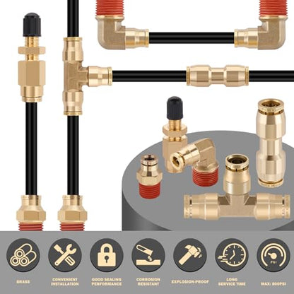 CheeMuii 76 Pcs Brass DOT Air Line Fittings with 1/4" & 3/8" DOT Air Hoses - size: 2ROLL-80PCS-BLACK