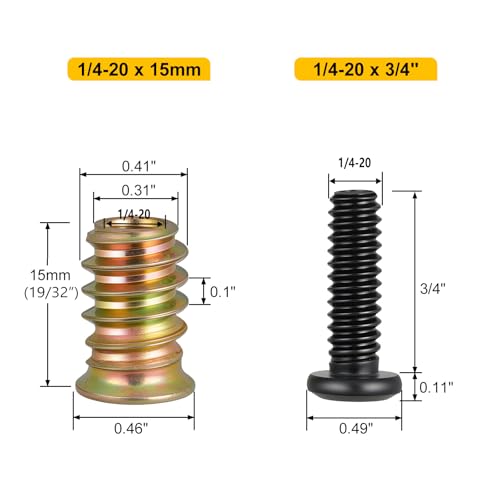 Threaded Inserts and Bolts Set, 40 Sets, 1/4-20 x 19/32" Threaded Inserts for Wood, 1/4-20 x 3/4" Furniture Screws, 1/4 Bolt Flat Head 304 Stainless Steel, Hex Socket Drive, 2Pcs Hex Wrench - size: 1/4-20x3/4"