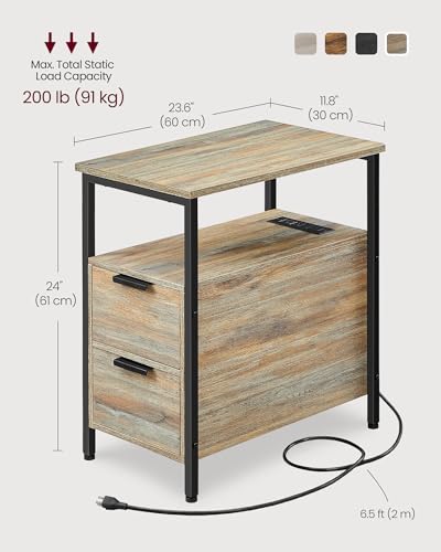 VASAGLE Side End Table with Charging Station, Slim Nightstand with Storage - color: Turquoise Brown + Ink Black, size: 23.6"D x 11.8"W