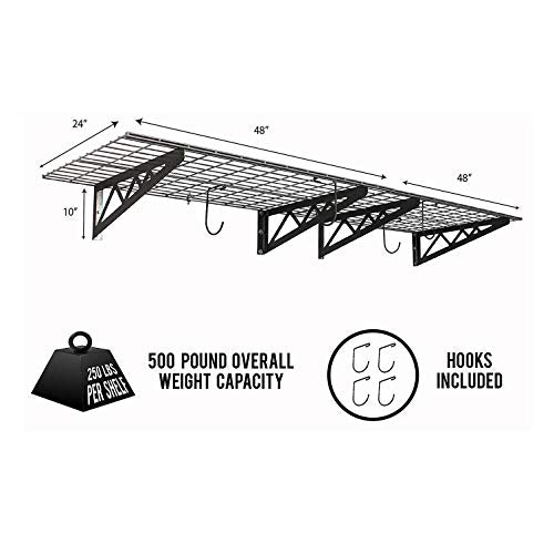 SafeRacks Steel Garage Wall Shelves 2-Pk w/Hooks, 500lb, Hammertone (24x48) - color: Hammertone, size: 24"x48" (2-Pack)