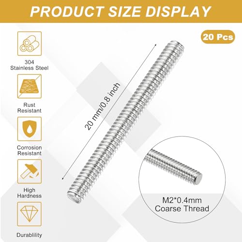 uxcell 20Pcs Fully Threaded Rod M2 x 0.4mm Pitch 20mm/0.8 Inch Threaded - size: M2x0.4mmx20mm