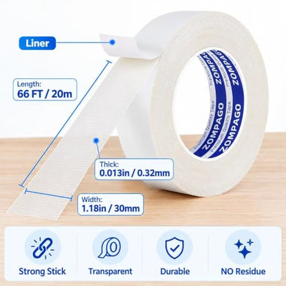 ZOMPAGO Clear Grid Mesh Heavy Duty Double-Sided Mounting Tape,1.18inx66FT - size: 1.18inx66ft（white）