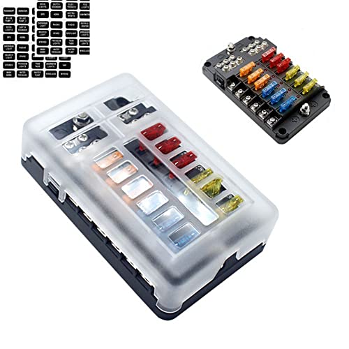 12 Way 12-24V Fuse Box with LED Warning Indicator, 12 Circuits, Negative Bus Fuse Blocks for Car Marine RV Truck DC, Plastic, Chassis Mount
