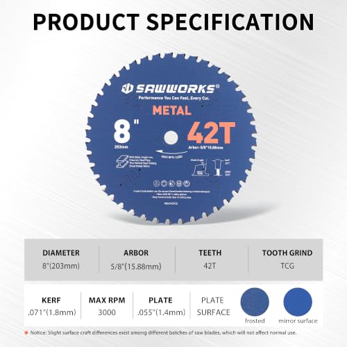 SawWorks 8 Inch 42T TCG Circular Saw Blade for Metal Cutting - size: 8" 42T Metal
