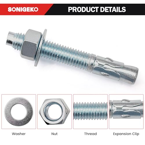 1/2" x 5‑1/2" Concrete Anchors, Wedge Anchor, Carbon Steel,10 Pcs - size: 1/2"x5-1/2"