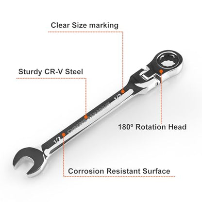 Egofine 1/2 Inch Ratchet Wrench Flex Head, Ratcheting Combination Wrench SAE, Industrial Grade Gear Spanner with 12 Point Box End, 72-Teeth Ratchet, Chrome Vanadium Steel - style: 1/2"