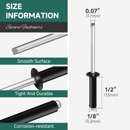 300 Pcs 1/8" x 1/2" Black Aluminum Blind Pro Rivets, 3.2 x 13mm Pop Rivets, Aluminum Grip and Steel Mandrel - color: Black, size: 1/8" x 1/2"