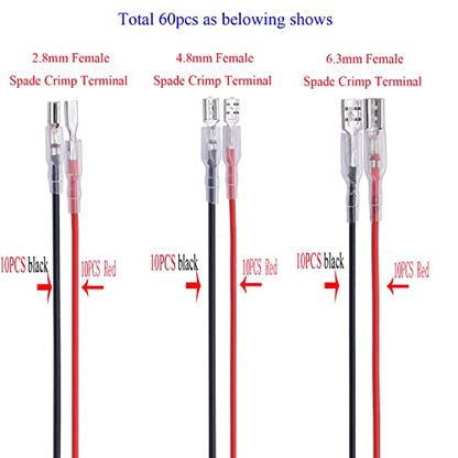 60Pcs 2.8mm 4.8mm and 6.3mm Female Spade Crimp Terminal with Insulating Sleeve and Wire,Female Spade Quick Splice Connector Assortment Kit with 25cm red Black Wires