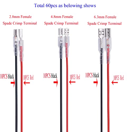 60Pcs 2.8mm 4.8mm and 6.3mm Female Spade Crimp Terminal with Insulating Sleeve and Wire,Female Spade Quick Splice Connector Assortment Kit with 25cm red Black Wires