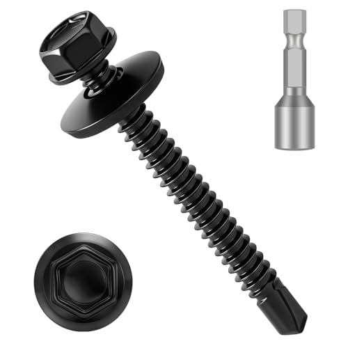 150 PCS #10 x 1-1/2" Black Self Drilling Metal Roofing Screws, Hex Head Self Tapping Sheet Metal Roof Screw with Rubber Washer for Wooden Siding - size: #10 x 1-1/2"