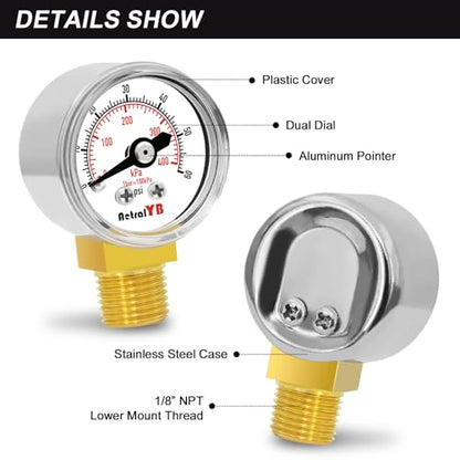 1-Inch Mini Pressure Gauge, 0-60 PSI / 0-400 kPa, Dual-Scale Dial, 1/8” NPT Bottom Mount, Stainless Steel Gauge for Coffee Machines, Motorboats, Water Pumps, and Pneumatic Tools - size: 0-60 PSI, style: Lower Monut