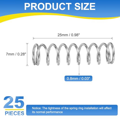 uxcell 25Pcs Compression Spring, 304 Stainless Steel 7mm OD 0.8mm Wire 25mm Length Mechanical Spring for Shop Home Repair Project, Silver Tone - size: 7mm OD 0.8mm Wire 25mm Length