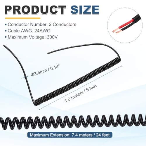 MECCANIXITY 5ft 24AWG Retractable Coiled Coil Cord 300V 105℃ 2 Conductor - size: 5ft x 24AWG, 2 Conductor