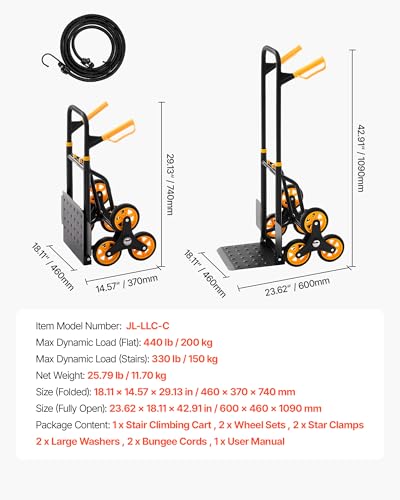 VEVOR Stair Climbing Cart 440 lbs, 330 lbs Stair-Climbing Capacity, Heavy-Duty Folding Trolley Cart with Telescoping Handle, 6 Wheels and 2 Bungee Cords for Home, Groceries, Warehouse - size: 23.6" x 18.1" x 42.9"