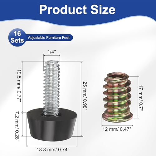uxcell 16set 1/4" Thread Furniture Feet Levelers 19.5mm l Furniture Feet - size: 1/4"