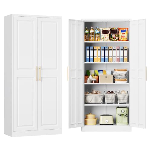 SISESOL 71" Tall Storage Cabinet with 2 Door and 5 Shelves, Wide & Deep Kitchen Pantry Cabinet, White Metal Cabinets,Large Cupboard for Home,Kitchen,Laundry - color: White, size: 71"H