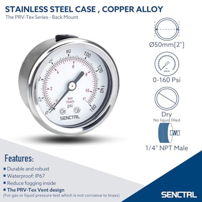 SENCTRL 0-160 Psi Pressure Gauge, 1/4" NPT Back Mount - size: 0-160Psi, style: Back Mount