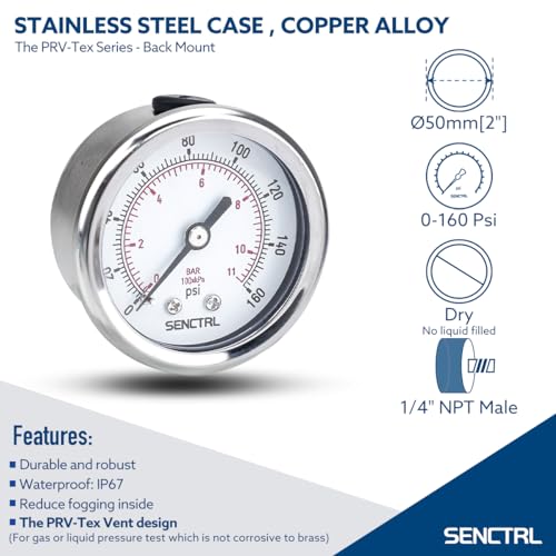 SENCTRL 0-160 Psi Pressure Gauge, 1/4" NPT Back Mount - size: 0-160Psi, style: Back Mount