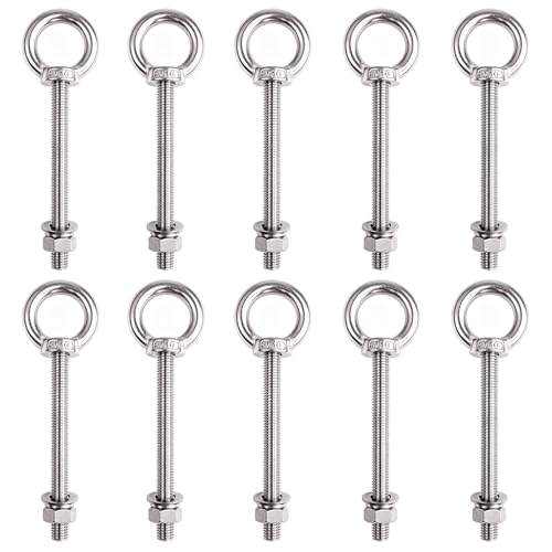 10 Pack M10 x 100mm Threaded Eyebolts with Nuts Washers,Stainless Steel Marine Grade Shoulder Eye Bolt,Eyebolts for DIY, Furniture,Swing, and Outdoor Use (M10 x 100mm) - size: M10 x 100mm