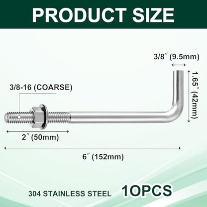 Lemecima 10 Pieces 304 Stainless Steel J Bolts, 3/8-16 x 6 Inches, Heavy-Duty Concrete & Wood Anchor Bolts with Nut Washer & Bracket