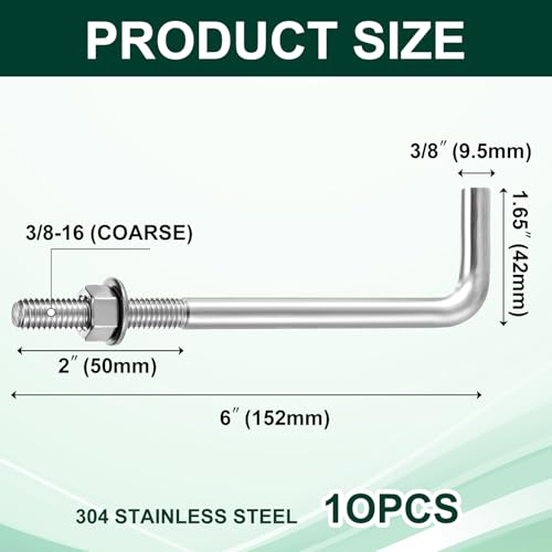 Lemecima 10 Pieces 304 Stainless Steel J Bolts, 3/8-16 x 6 Inches, Heavy-Duty Concrete & Wood Anchor Bolts with Nut Washer & Bracket