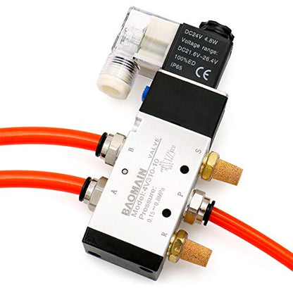 Baomain Pneumatic Solenoid Valve 4V310-10 DC 24V PT 3/8" 2 Position 5 Way Single Coil Pilot-Operated Electric Control with 3 Fitting and 2 muffler (DC 24V) - style: DC 24V