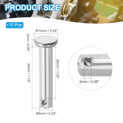 PATIKIL 6 x 30 mm Single Hole Clevis Pins, 10 Pcs 304 Stainless Steel Flat Head Pin for Hitch Pin Lock Link Hinge Systems, Silver - size: 6 x 30 x 26 mm