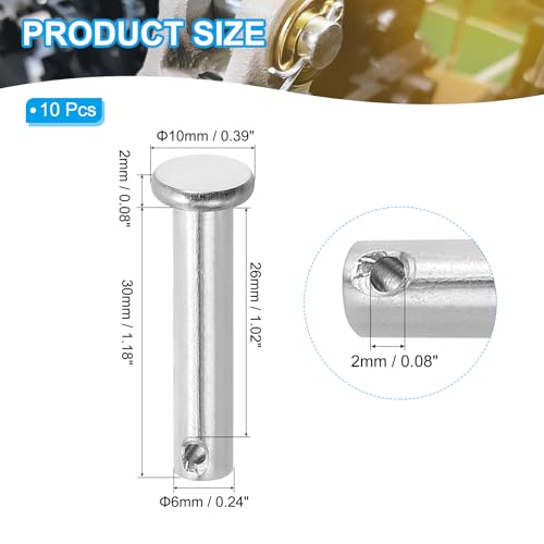 PATIKIL 6 x 30 mm Single Hole Clevis Pins, 10 Pcs 304 Stainless Steel Flat Head Pin for Hitch Pin Lock Link Hinge Systems, Silver - size: 6 x 30 x 26 mm