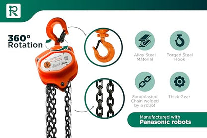 GORILA Hand Chain Hoist with 2 Heavy Duty Hooks and Forged Locks | 2200LBS - 10FT (1 Ton - 3 Meters) | Safety Factor 4:1 | Since 1989 - size: 2200lbs - 10ft / 1t - 3m