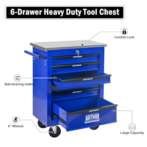 Rolling Tool Chest,Stainless Steel Worktop,Blue,6‑Drawer - color: Blue, size: 6-Drawers