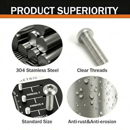 M4 x 16mm (50 Pack) Button Head Socket Cap Screws, 304 Stainless Steel 18-8, Bright Finish, Fully Machine Thread