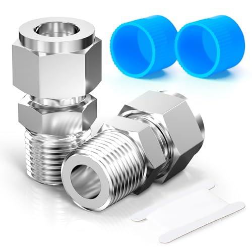 TAISHER 2PCS 304 Stainless Steel Compression Tube Pipe Fitting Connector, 1/2" Tube OD x 3/8" NPT Male Straight Adapter - size: 1/2" OD x 3/8" MNPT