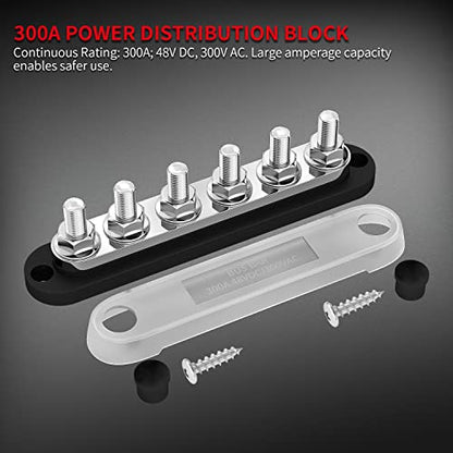 DaierTek 300A Bus Bar 12V Marine 12V Power Distribution Block with Cover 6 x 3/8" (M10) Terminal Studs Max 300V AC 48V DC Positive & Ground Busbar for Automotive Car Boat - color: 300A