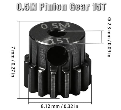 Hardened Steel 0.5M Pinion Gear 15T 2.3mm Shaft for RC Car/Helicopter Upgrade, Compatible with ARRMA 1/14 Typhoon 1/16 Mojave 1/18 Granite, Losi 1/12, 0.5Mod 13T-27T Gear for Brushed Brush-less Motors - size: 15T