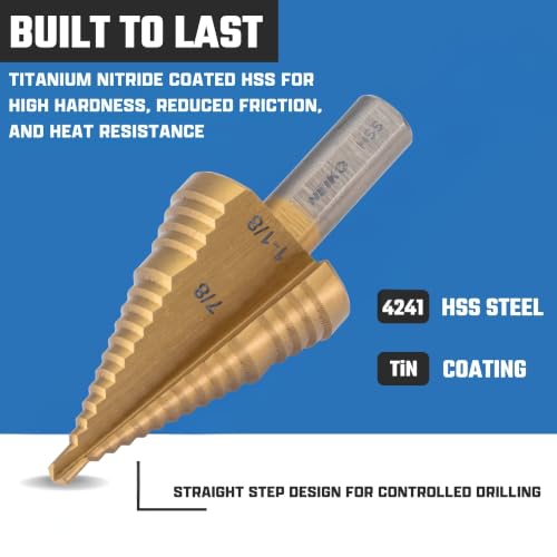 NEIKO 10626A Step Drill Bit, 2 Steps 7/8" to 1-1/8" Straight High Speed Steel, Titanium Nitride Coated, 3/8" Tri-Flat Step Bits for Steel, Metal, Wood, Plastic, Unibit Cone Drill Bits, Two Flute - size: #9 (7/8 - 1-1/8", 2S), style: Straight