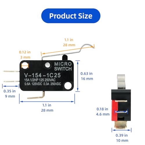 12 Pcs Micro Limit Switch with Simulated Roller Lever SPDT 1NO 1NC Microswitch V-154-1C25 - size: Simulated Roller Lever (V-154-1C25)