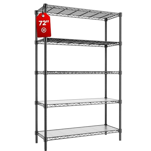 45" W Storage Shelves 5 Tier Wire Shelving, Adjustable Metal Shelving Unit with Shelf Liners, 1875LBS Heavy Duty Storage Rack for Garage Pantry Kitchen Commercial, 45" W x 16" D x 72" H, Black - color: Black, size: 45" W x 16" D x 72" H-5 Tier