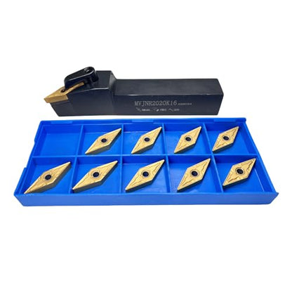 3/4" Indexable Lathe Turning Tool Holder MVJNR2020K16 Steel Carbide Turning Tool Holder for Turning Grooving Threading with 10Pcs VNMG331/VNMG160404 Carbide Inserts