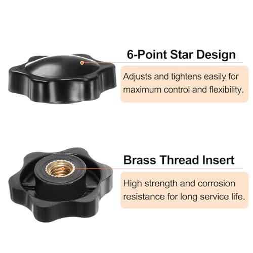 HARFINGTON 6pcs Star Knobs M10 Female Thread 38mm 6-Point Plastic Head Brass Insert Non-Through Hole Screw-in Threaded Hand Knob Clamping Handle, Black - color: Black, size: M10 x 38mm
