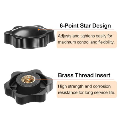 HARFINGTON 6pcs Star Knobs M10 Female Thread 38mm 6-Point Plastic Head Brass Insert Non-Through Hole Screw-in Threaded Hand Knob Clamping Handle, Black - color: Black, size: M10 x 38mm